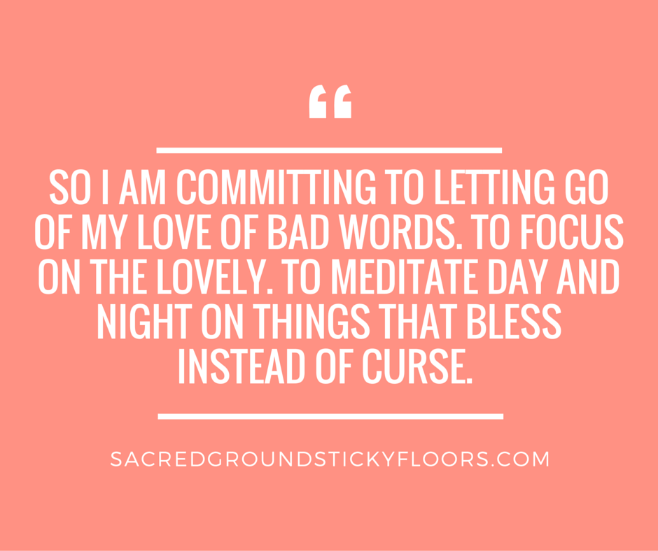 So I am committing to letting go of my love of bad words. To focus on the lovely. To meditate day and night on things that bless instead of curse. 1